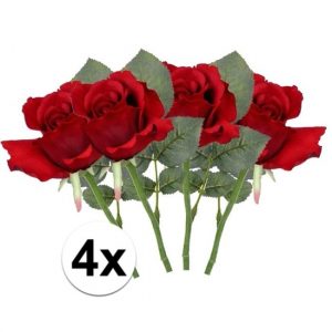 4 x Rode roos 30 cm kunstplant steelbloem