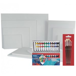 Schildersdoek van 30 x 30 cm met penselen en setje acryl verf