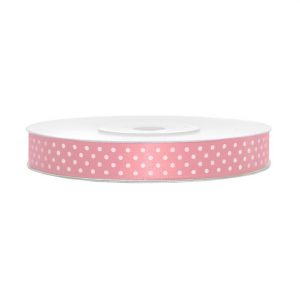 1x Hobby/decoratie lichtroze satijnen sierlinten met witte stippen 1,2 cm/12 mm x 25 meter