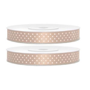 2x Hobby/decoratie zalm kleurige satijnen sierlinten met witte stippen 1,2 cm/12 mm x 25 meter