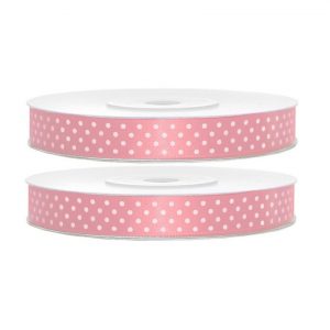 2x Hobby/decoratie lichtroze satijnen sierlinten met witte stippen 1,2 cm/12 mm x 25 meter
