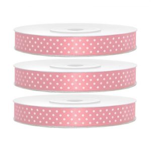 3x Hobby/decoratie lichtroze satijnen sierlinten met witte stippen 1,2 cm/12 mm x 25 meter