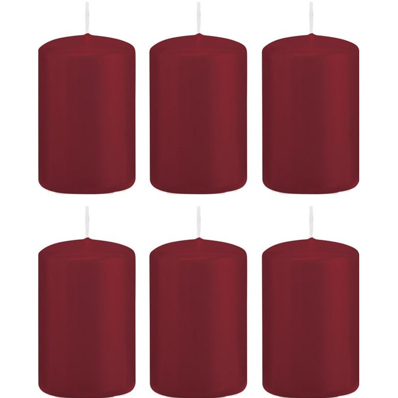 6x Bordeauxrode woondecoratie kaarsen 5 x 8 cm 18 branduren