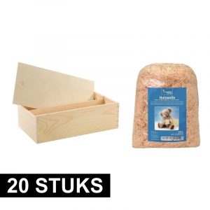 20x Houten wijnkist/wijndoosje dubbel vak met schuifdeksel en 1000 gram houtwol