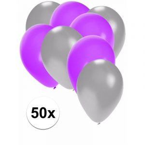 50x ballonnen - 27 cm - zilver / paarse versiering