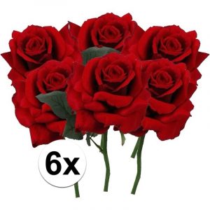 6 x Rode roos deluxe 31 cm kunstplant steelbloem