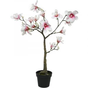 Magnolia beverboom kunstbloem/kunsttak/kunstboom wit/roze 102 cm in zwarte plantenpot