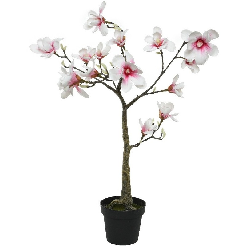 Magnolia beverboom kunstbloem/kunsttak/kunstboom wit/roze 102 cm in zwarte plantenpot