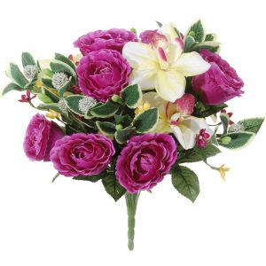 Paarse rozen en orchideeen Rosa/Orchidaceae mix boeket kunstbloemen 40 cm