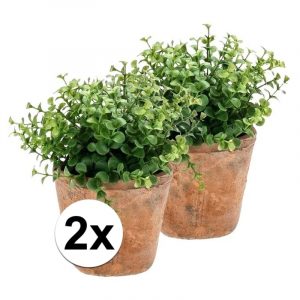 2x Nep eucalyptus plant groen in oude terracotta pot kunstplant