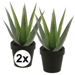 2x Nep aloe vera plant groen in zwarte pot kunstplant