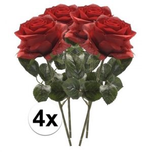 4 x Rode roos Simone 45 cm kunstplant steelbloem