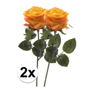 2 x Geel/oranje roos Simone 45 cm kunstplant steelbloem
