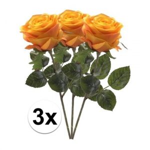 3 x Geel/oranje roos Simone 45 cm kunstplant steelbloem