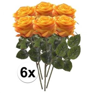 6 x Geel/oranje roos Simone 45 cm kunstplant steelbloem
