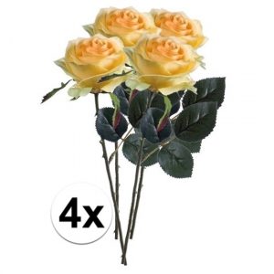 4 x Gele roos Simone 45 cm kunstplant steelbloem