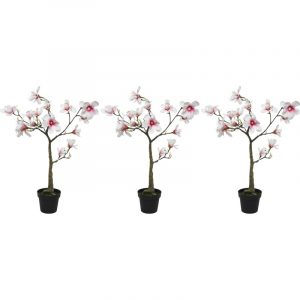 3x Magnolia beverboom kunstbloemen/kunsttakken/kunstbomen wit/roze 102 cm in zwarte plantenpot