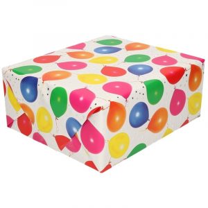 Gemetaliseerd inpakpapier/cadeaupapier wit met zilveren sterren en gekleurde ballonnen 150 cm