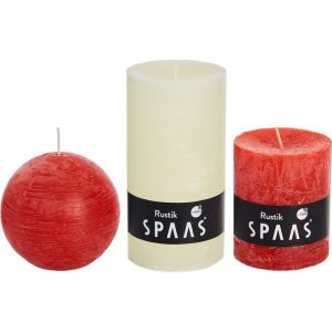 3x Ivoorwitte/rode woondecoratie kaarsen set rustiek rond 8 cm en stomp/cilinder 7 x 8 cm / 7 x 13 cm