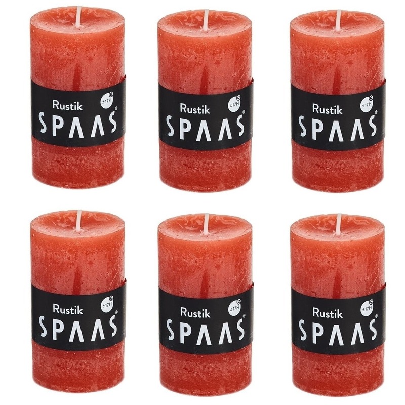 6x Oranje woondecoratie kaarsen rustiek 5 x 8 cm 17 branduren
