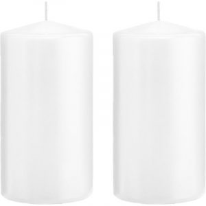 2x Witte woondecoratie kaarsen 8 x 15 cm 69 branduren