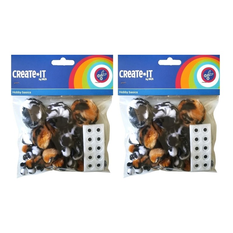 130x Dierenprint hobby pompoms met 10 plakoogjes