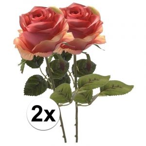 2x Roze Roos 45 cm kunstplant steelbloem