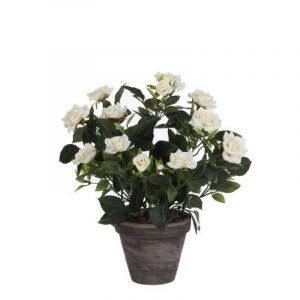 Witte Rosa/rozen kunstplant 33 cm in grijze pot