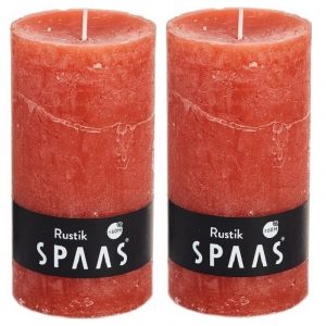 2x Oranje woondecoratie kaarsen rustiek 7 x 13 cm 60 branduren