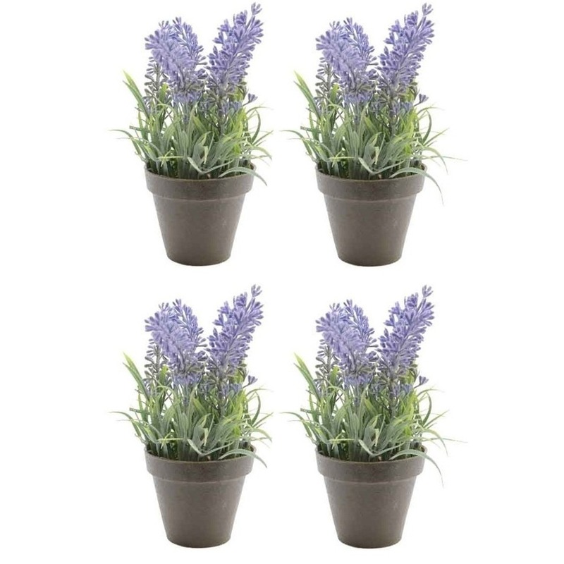 4x Groen/paarse Lavendula/lavendel kunstplanten 17 cm zwarte pot