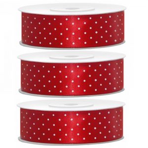 3x Hobby/decoratie rode satijnen sierlinten met stippen 2,5 cm/25 mm x 25 meter
