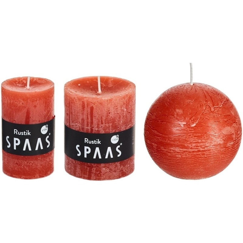 3x Oranje woondecoratie kaarsen set rustiek 8 cm / 5 x 8 cm / 7 x 8 cm