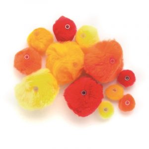 135 acryl pompons rood tinten met kunststof ogen