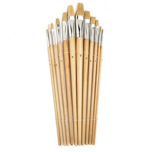 Setje van 12x stuks schilder penselen plat van hout met diverse formaten