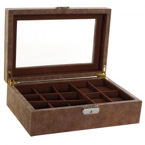 Sieradendoos/juwelenkistje vintage bruin van pu-leer met glazen deksel 25 x 16,5 x 8,5 cm