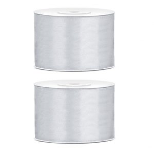 2x Hobby/decoratie zilver satijnen sierlinten 5 cm/50 mm x 25 meter