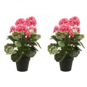 2x Nep Geranium plant roze in zwarte pot kunstplant