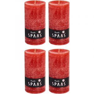 4x Rode woondecoratie kaarsen rustiek 7 x 13 cm 60 branduren