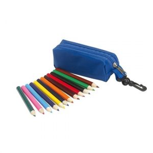 Blauwe mini etui met 12 kleurpotloden 10 cm