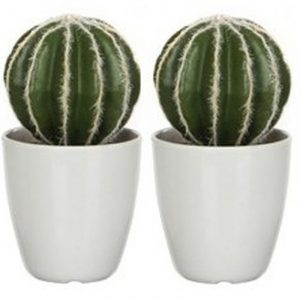 2x Groene Echinocactus/bolcactus kunstplanten 28 cm in witte pot