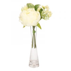 Gebonden boeket witte kunstbloemen inclusief smal glazen vaasje 20 cm