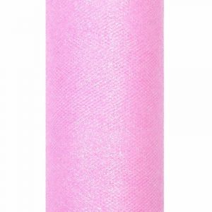 Rollen Glitter tule gaatjes stof roze 15 x 900 cm breed